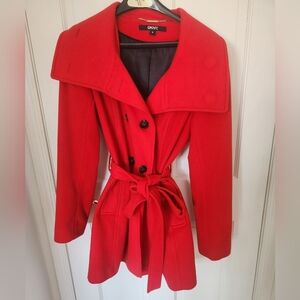 DKNYC Red Belted Trench Coat with Wide Collar